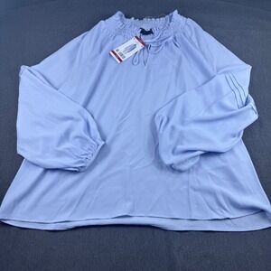 DG2 Diane Gilman Light Blue Textured Smocked Neck Bishop Sleeve Tunic Top XLarge